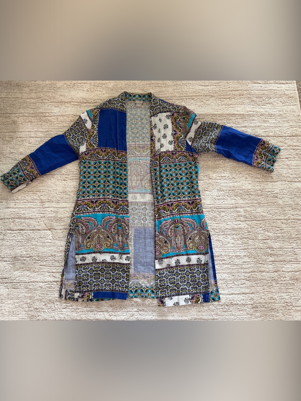 Chico's Floral Patchwork Blue, Turquoise Open Jacket kimono linen 8
